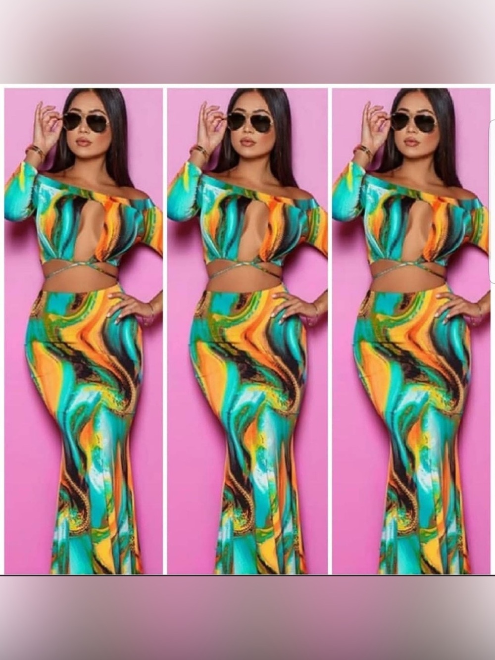 2pc set Blue Abstract Print Cut Out Crop and maxi skirt size S